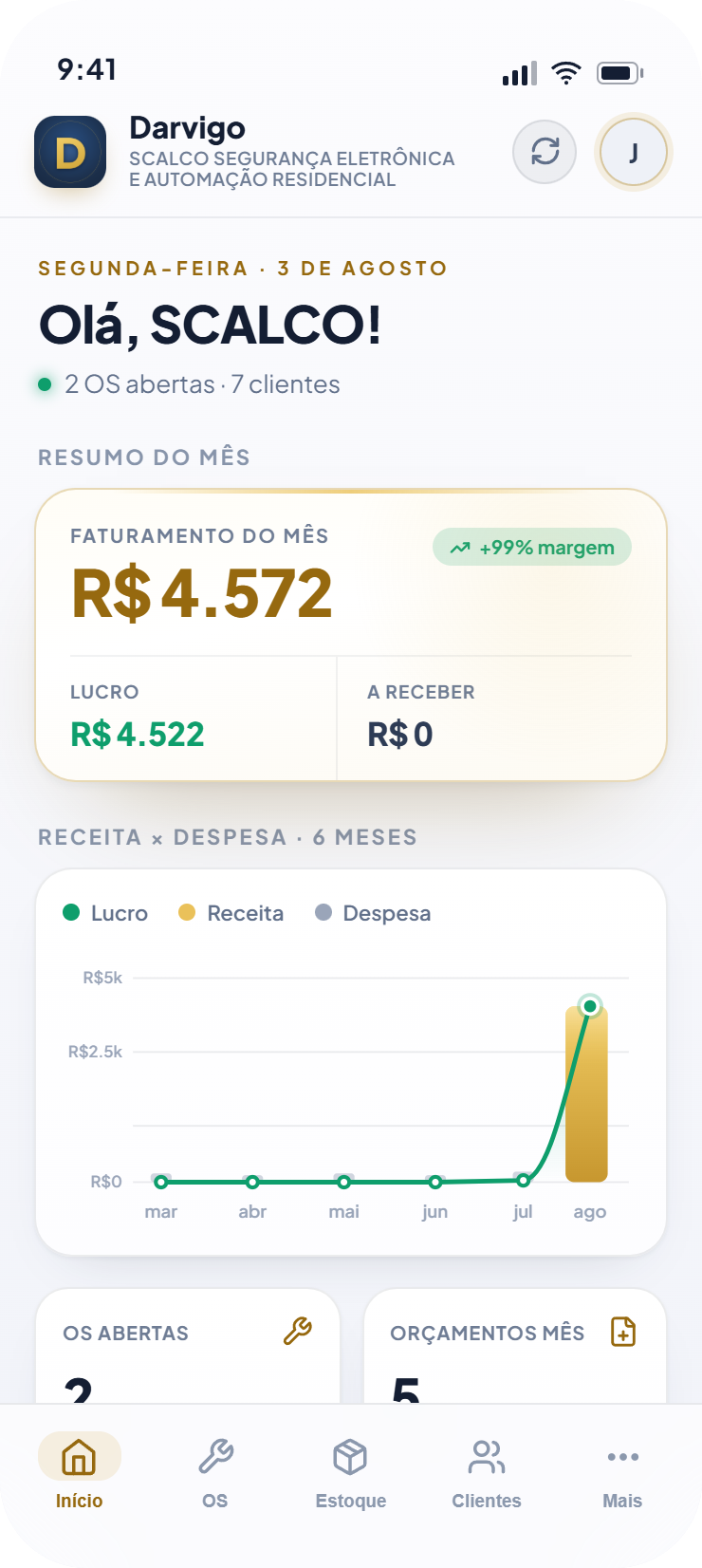 Darvigo no celular: faturamento e lucro do mês