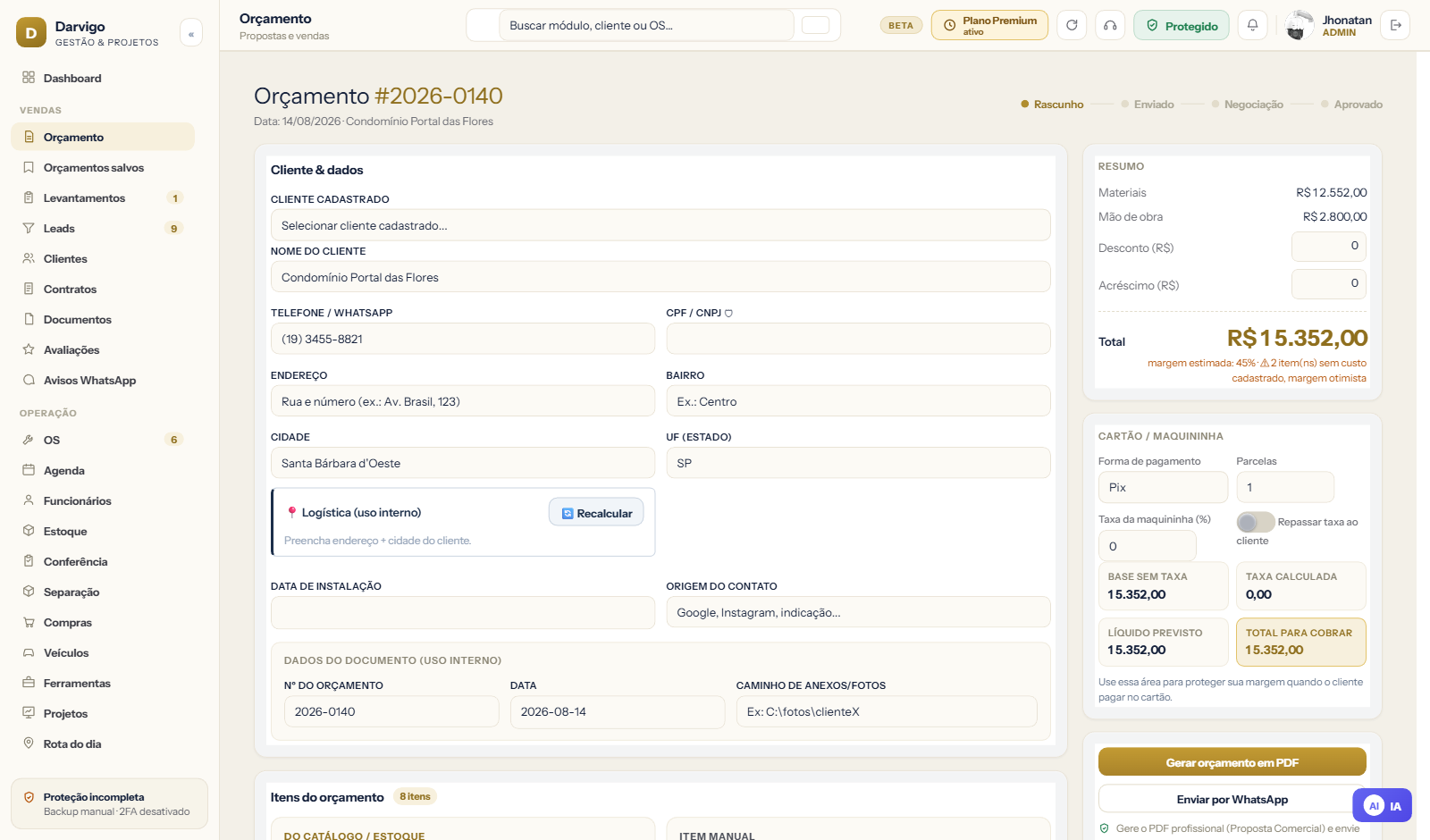 Orçamento gerado pelo Darvigo