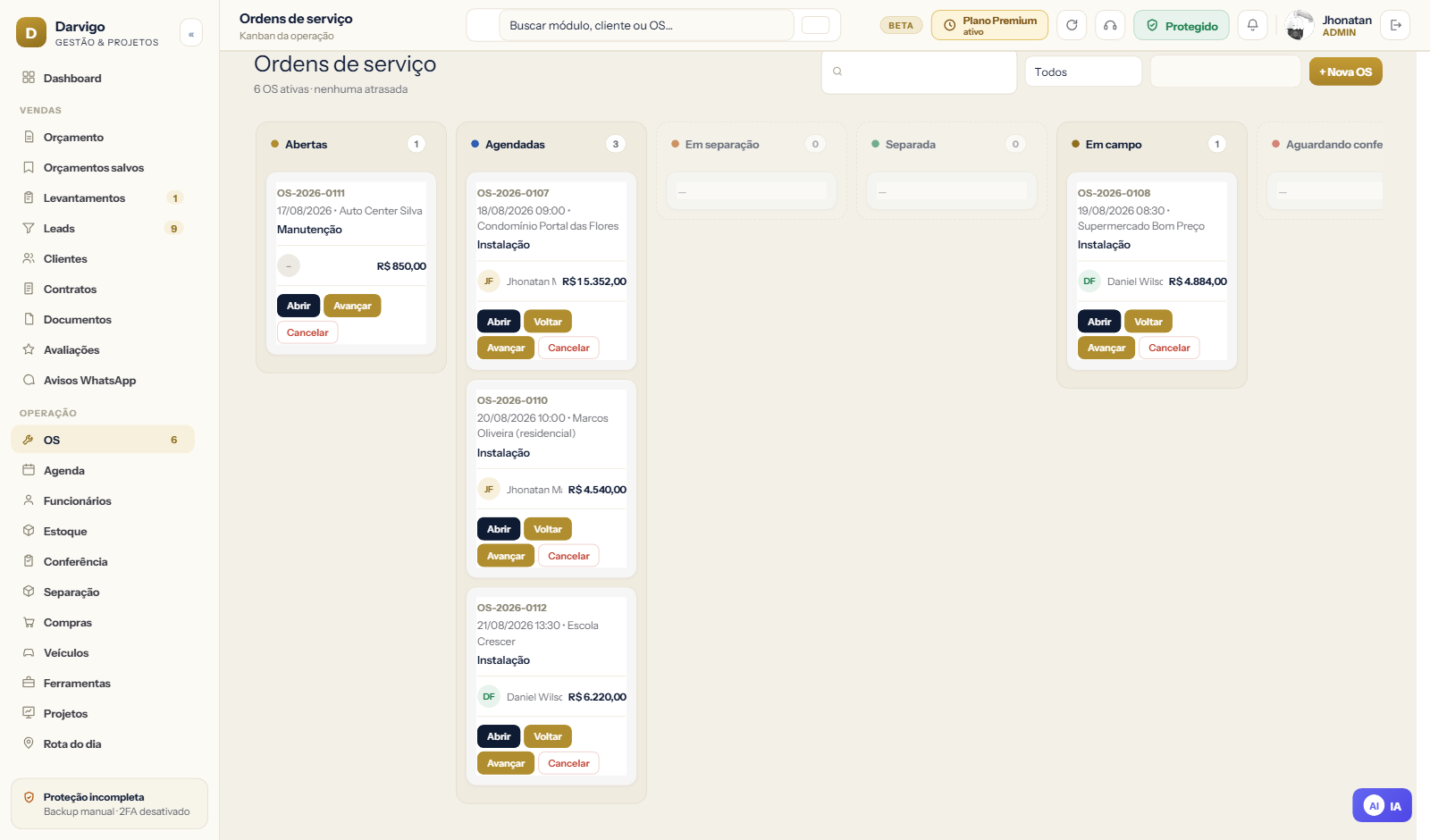 Ordens de serviço em Kanban